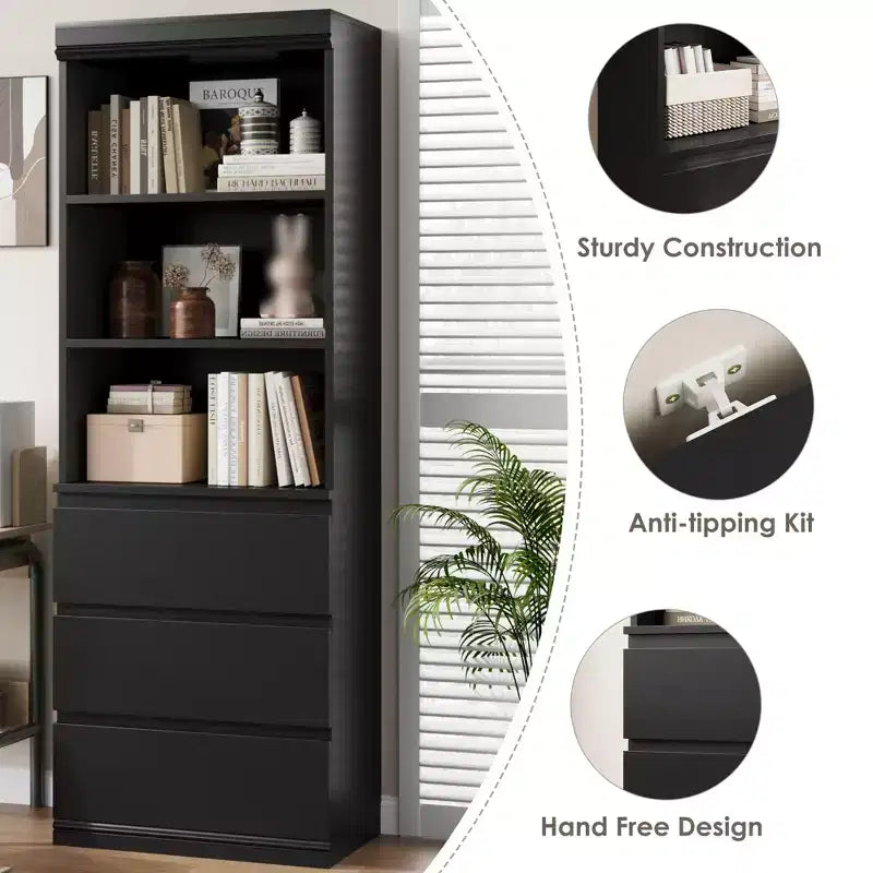 70 Zoll hohes Bücherregal mit 3 Schubladen, Bücherregal aus Holz mit offenen Fächern, freistehender Aufbewahrungsschrank mit Ablageflächen für Wohnzimmer, Schlafzimmer, Küche und Büro