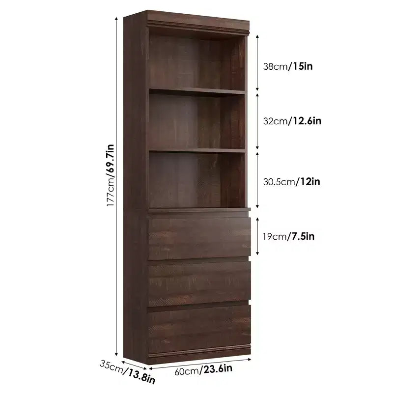 70 Zoll hohes Bücherregal mit 3 Schubladen, Bücherregal aus Holz mit offenen Fächern, freistehender Aufbewahrungsschrank mit Ablageflächen für Wohnzimmer, Schlafzimmer, Küche und Büro