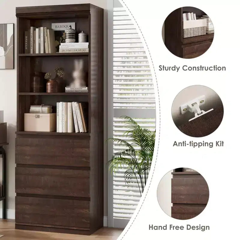 70 Zoll hohes Bücherregal mit 3 Schubladen, Bücherregal aus Holz mit offenen Fächern, freistehender Aufbewahrungsschrank mit Ablageflächen für Wohnzimmer, Schlafzimmer, Küche und Büro