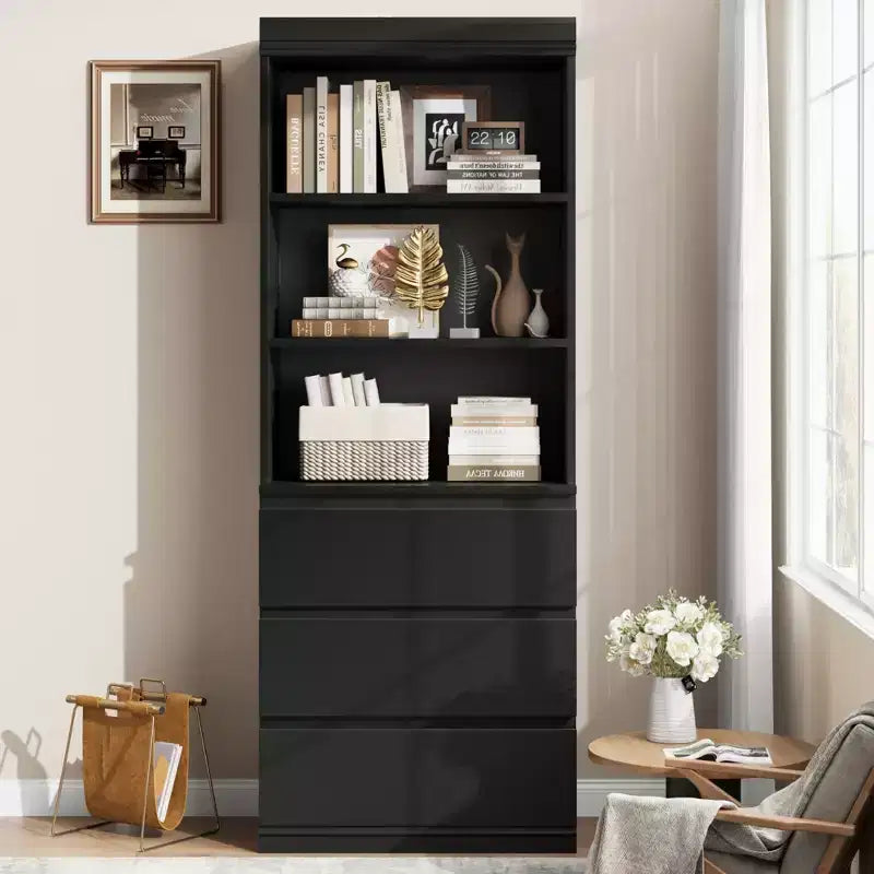 70 H Bookshelf with 3 Drawers, Wooden Bookcase with Open Shelves, Freestanding Display Storage Cabinet for Living Room, Bedroom, Kitchen, Office