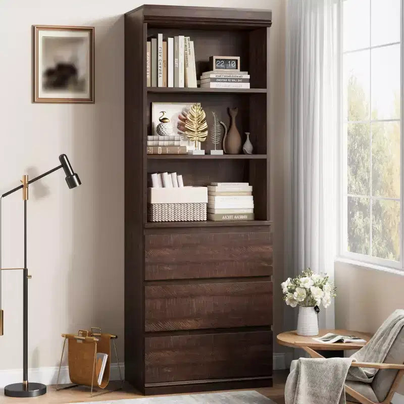 70 Zoll hohes Bücherregal mit 3 Schubladen, Bücherregal aus Holz mit offenen Fächern, freistehender Aufbewahrungsschrank mit Ablageflächen für Wohnzimmer, Schlafzimmer, Küche und Büro