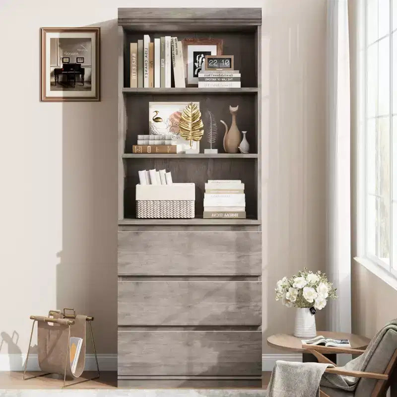 70 Zoll hohes Bücherregal mit 3 Schubladen, Bücherregal aus Holz mit offenen Fächern, freistehender Aufbewahrungsschrank mit Ablageflächen für Wohnzimmer, Schlafzimmer, Küche und Büro