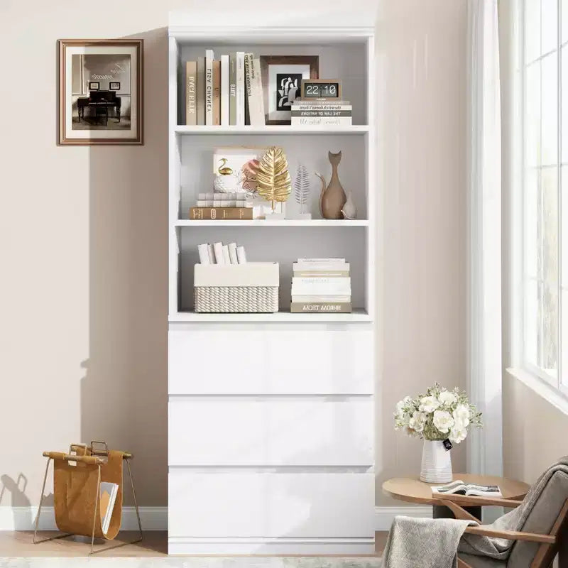 70 Zoll hohes Bücherregal mit 3 Schubladen, Bücherregal aus Holz mit offenen Fächern, freistehender Aufbewahrungsschrank mit Ablageflächen für Wohnzimmer, Schlafzimmer, Küche und Büro