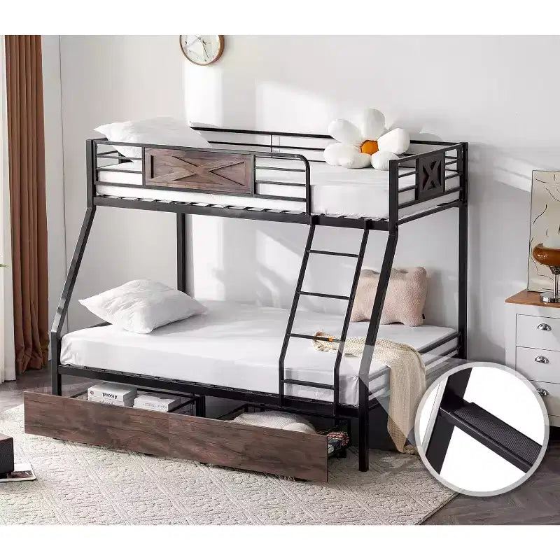 VINGLI Bunk Bed Twin Over Full Size with 2 Storage Drawers/Rungs/Ladder, Heavy Duty Metal Slat Support, No Box Spring Needed, Black/Industrial Brown