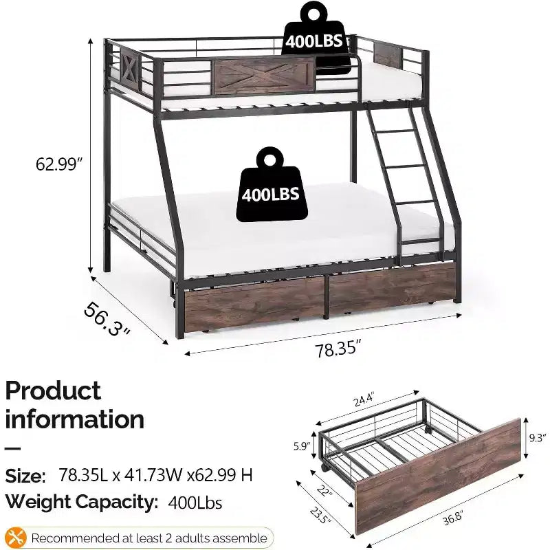 Lit superposé, couchage haut simple et couchage bas double, avec 2 tiroirs de rangement, des barreaux et une échelle, structure robuste à lattes métalliques, sans sommier nécessaire, noir/brun industriel