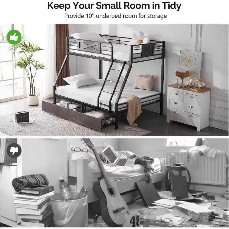 Lit superposé, couchage haut simple et couchage bas double, avec 2 tiroirs de rangement, des barreaux et une échelle, structure robuste à lattes métalliques, sans sommier nécessaire, noir/brun industriel