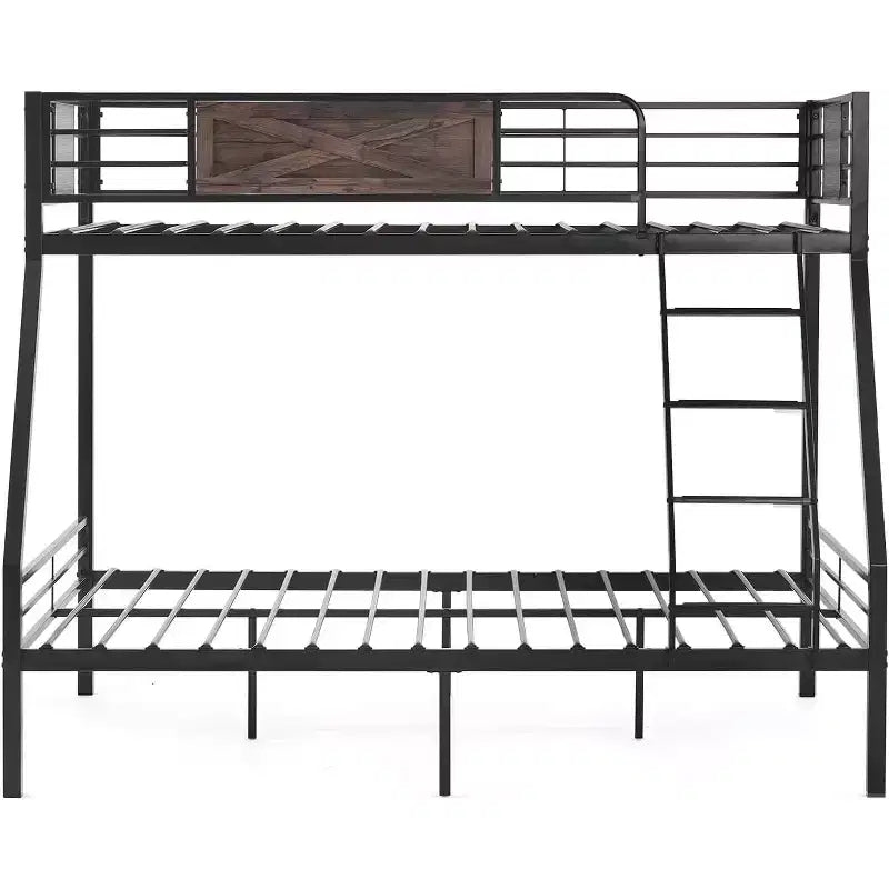 Lit superposé, couchage haut simple et couchage bas double, avec 2 tiroirs de rangement, des barreaux et une échelle, structure robuste à lattes métalliques, sans sommier nécessaire, noir/brun industriel