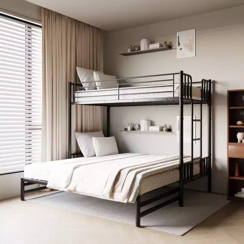 Metall-Ausziehbett mit 3 Designs, Einzelbett mit Sicherheitsgeländer und integrierter Leiter, Etagenbett für Kinderzimmer, Schwarz