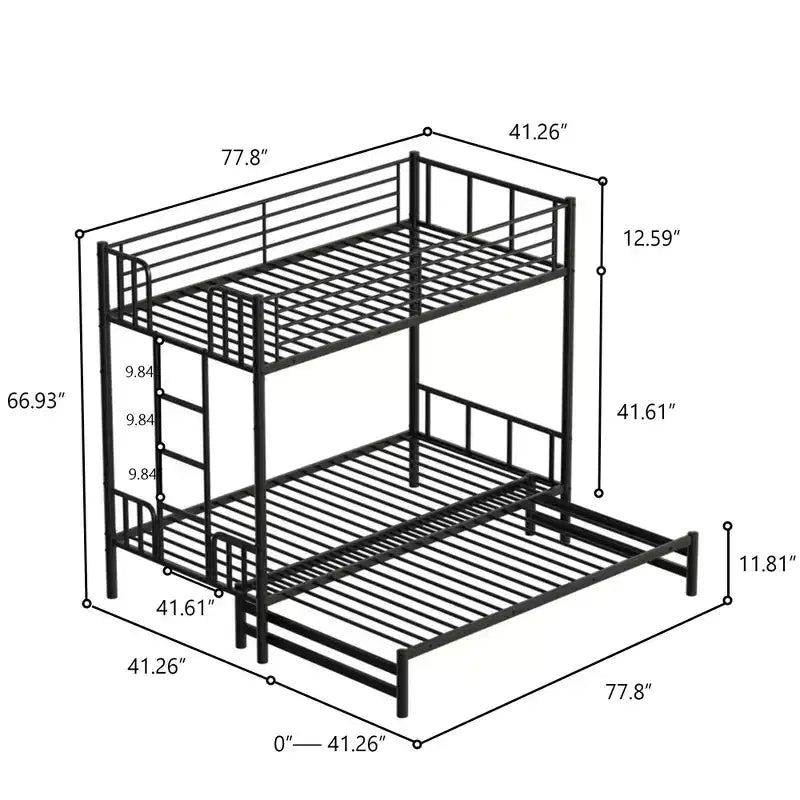 Metall-Ausziehbett mit 3 Designs, Einzelbett mit Sicherheitsgeländer und integrierter Leiter, Etagenbett für Kinderzimmer, Schwarz