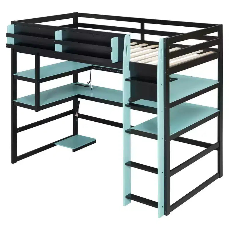 Modernes Hochbett für zwei Personen mit beleuchtetem Schreibtisch, Bücherregal, Ablagen und Steckdosen