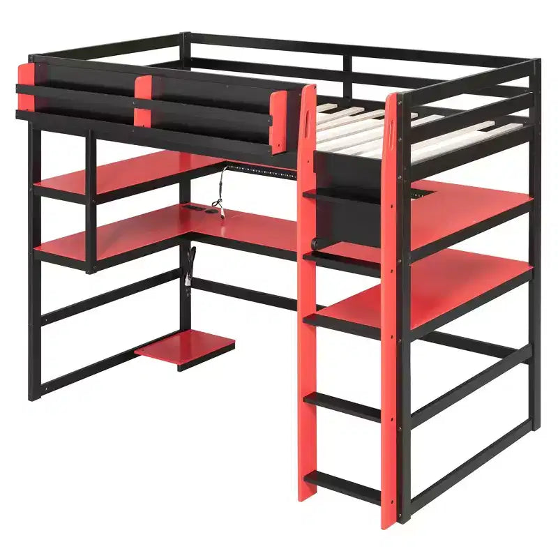 Modernes Hochbett für zwei Personen mit beleuchtetem Schreibtisch, Bücherregal, Ablagen und Steckdosen