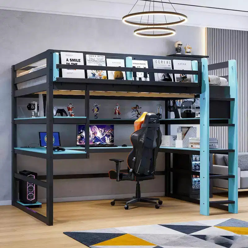 Luxystar Modern Twin Gaming Loft Bed With Lighted Desk, Storage Bookcase, Racks and Outlets