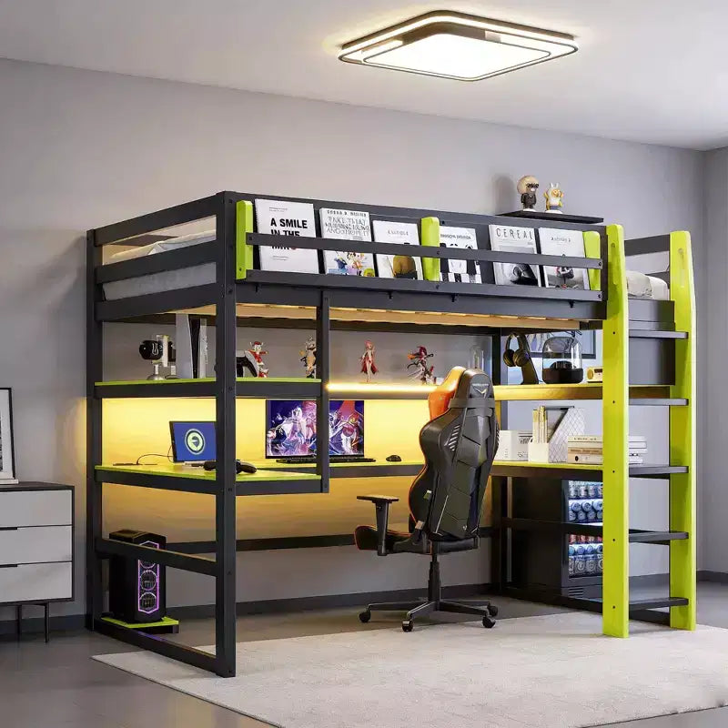Modernes Hochbett für zwei Personen mit beleuchtetem Schreibtisch, Bücherregal, Ablagen und Steckdosen