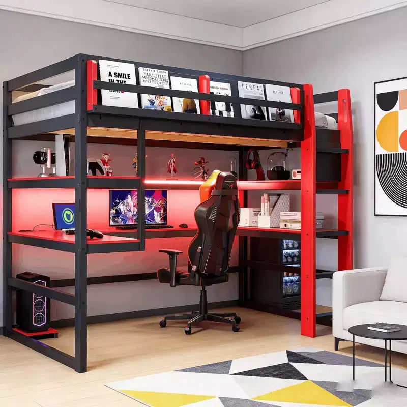Modernes Hochbett für zwei Personen mit beleuchtetem Schreibtisch, Bücherregal, Ablagen und Steckdosen