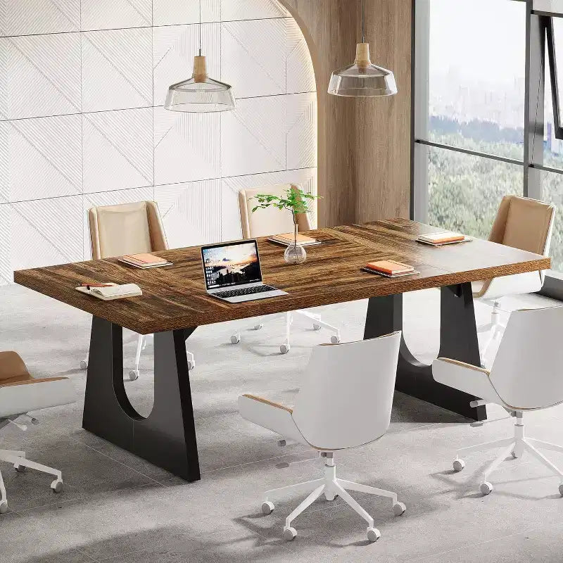 Grande table de conférence de 70.9 pouces pour 6-8 personnes, bureau de réunion rectangulaire en bois rustique pour entreprise, séminaire et salle de pause, marron foncé