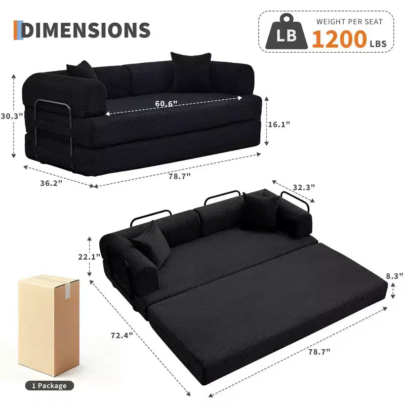 Sofá cama convertible 2 en 1, sofá de suelo plegable de pana con asiento profundo y reposabrazos anchos, no requiere montaje