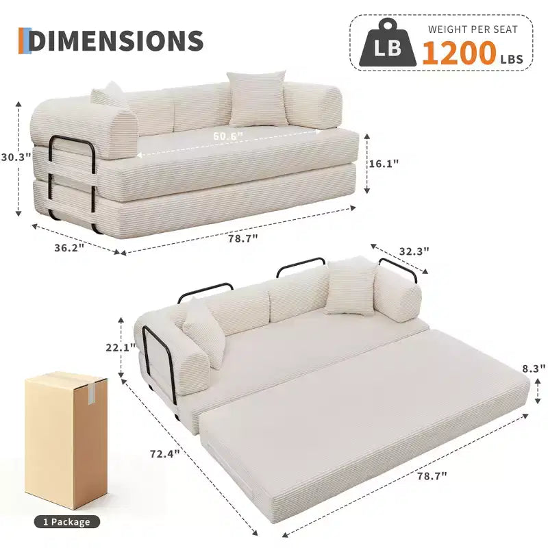 Canapé-lit convertible 2-en-1, canapé de sol pliant en velours côtelé avec assise profonde et accoudoirs larges, aucun assemblage requis