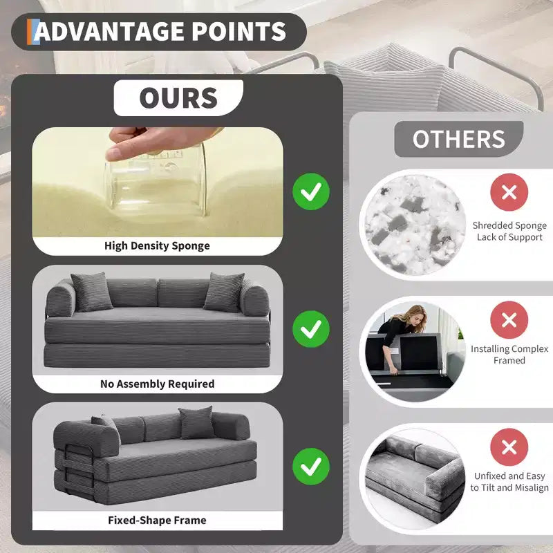 Sofá cama convertible 2 en 1, sofá de suelo plegable de pana con asiento profundo y reposabrazos anchos, no requiere montaje