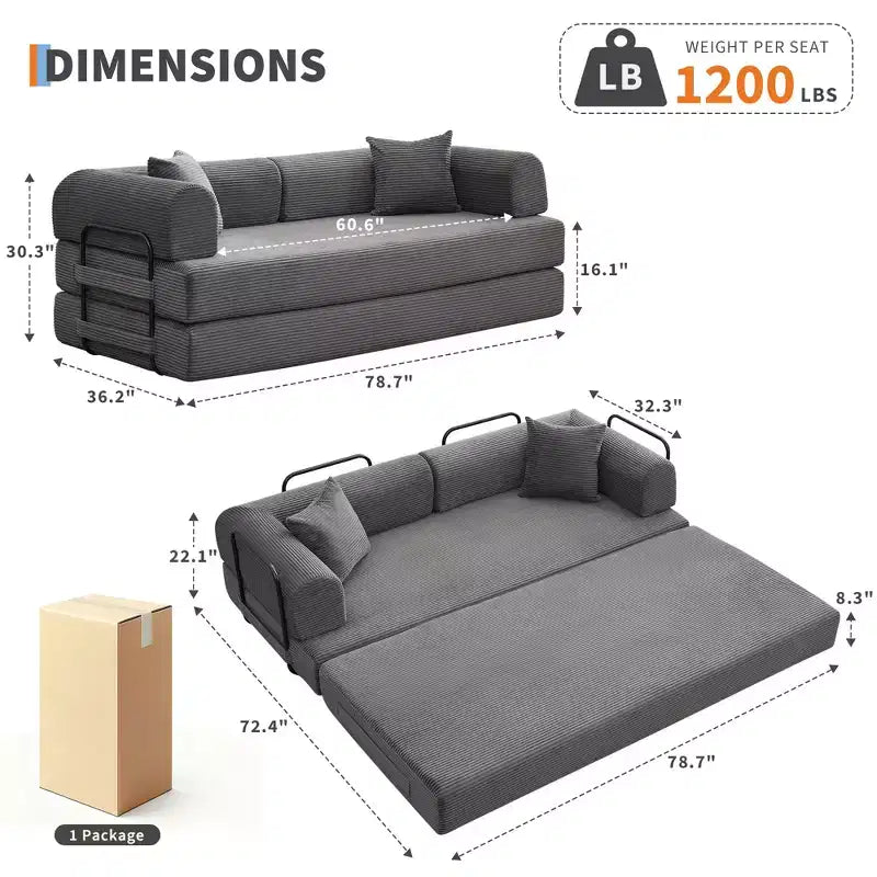 Sofá cama convertible 2 en 1, sofá de suelo plegable de pana con asiento profundo y reposabrazos anchos, no requiere montaje