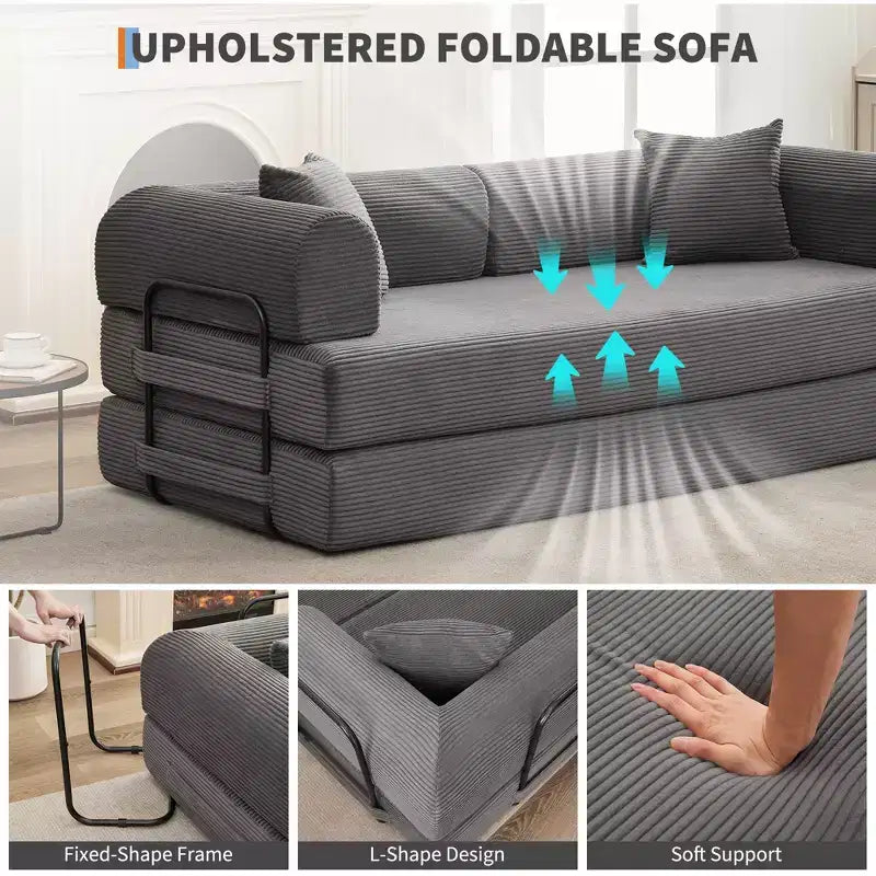 Sofá cama convertible 2 en 1, sofá de suelo plegable de pana con asiento profundo y reposabrazos anchos, no requiere montaje