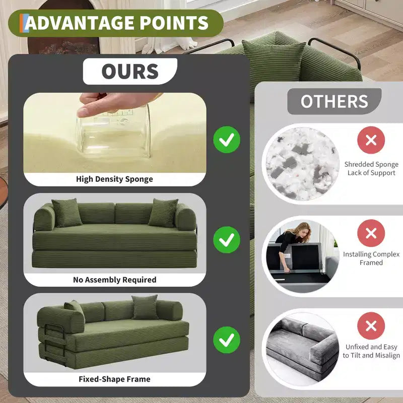 Sofá cama convertible 2 en 1, sofá de suelo plegable de pana con asiento profundo y reposabrazos anchos, no requiere montaje