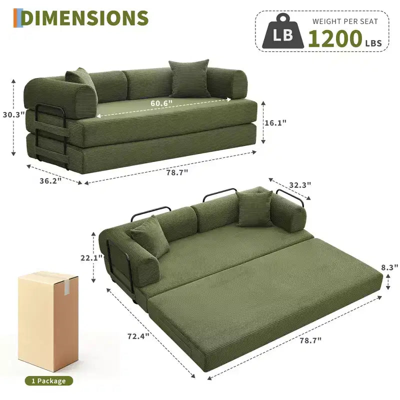 Sofá cama convertible 2 en 1, sofá de suelo plegable de pana con asiento profundo y reposabrazos anchos, no requiere montaje