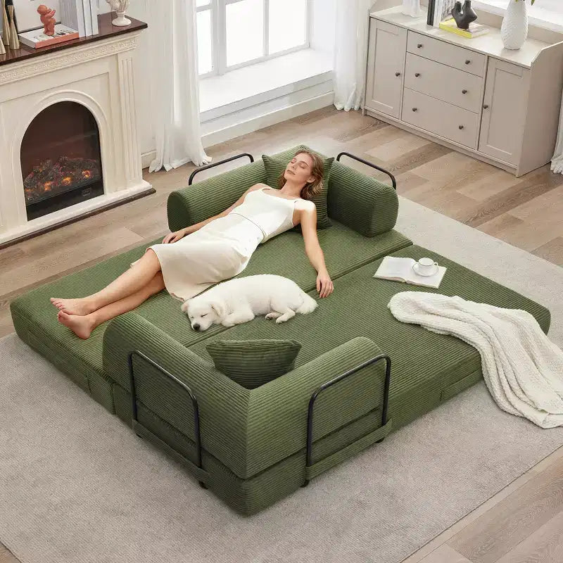 Sofá cama convertible 2 en 1, sofá de suelo plegable de pana con asiento profundo y reposabrazos anchos, no requiere montaje