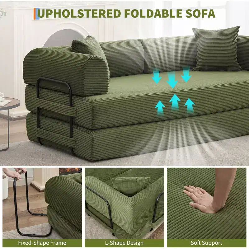 Sofá cama convertible 2 en 1, sofá de suelo plegable de pana con asiento profundo y reposabrazos anchos, no requiere montaje