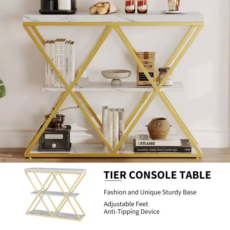 Mesa consola industrial de 3 niveles para sala de estar, estructura robusta en X, estantes de almacenamiento abiertos, mesa moderna para recibidor o sofá, conjunto de muebles decorativos
