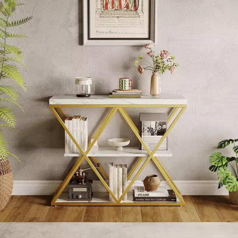 Mesa consola industrial de 3 niveles para sala de estar, estructura robusta en X, estantes de almacenamiento abiertos, mesa moderna para recibidor o sofá, conjunto de muebles decorativos