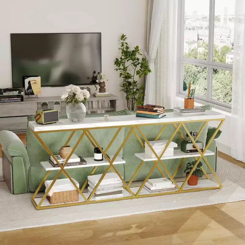 Mesa consola industrial de 3 niveles para sala de estar, estructura robusta en X, estantes de almacenamiento abiertos, mesa moderna para recibidor o sofá, conjunto de muebles decorativos