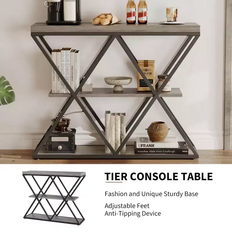 Mesa consola industrial de 3 niveles para sala de estar, estructura robusta en X, estantes de almacenamiento abiertos, mesa moderna para recibidor o sofá, conjunto de muebles decorativos