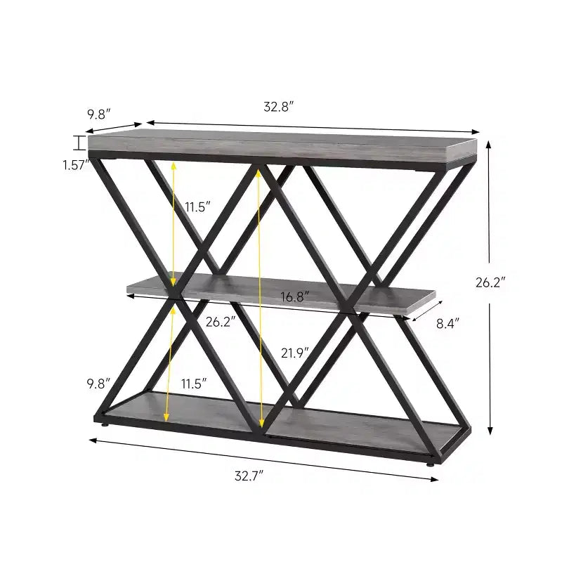 Mesa consola industrial de 3 niveles para sala de estar, estructura robusta en X, estantes de almacenamiento abiertos, mesa moderna para recibidor o sofá, conjunto de muebles decorativos
