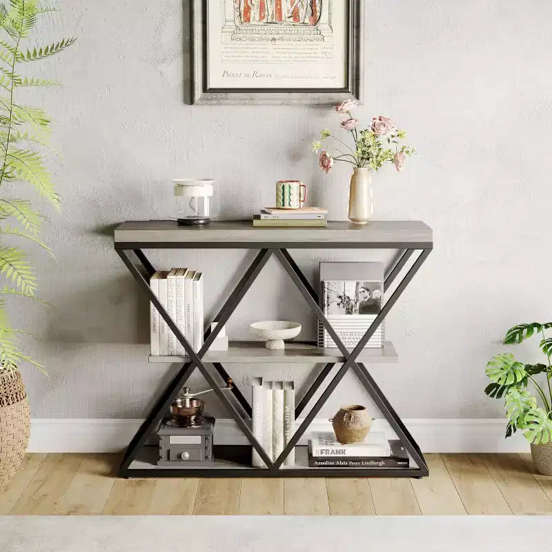 Mesa consola industrial de 3 niveles para sala de estar, estructura robusta en X, estantes de almacenamiento abiertos, mesa moderna para recibidor o sofá, conjunto de muebles decorativos
