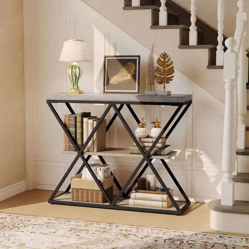 Mesa consola industrial de 3 niveles para sala de estar, estructura robusta en X, estantes de almacenamiento abiertos, mesa moderna para recibidor o sofá, conjunto de muebles decorativos