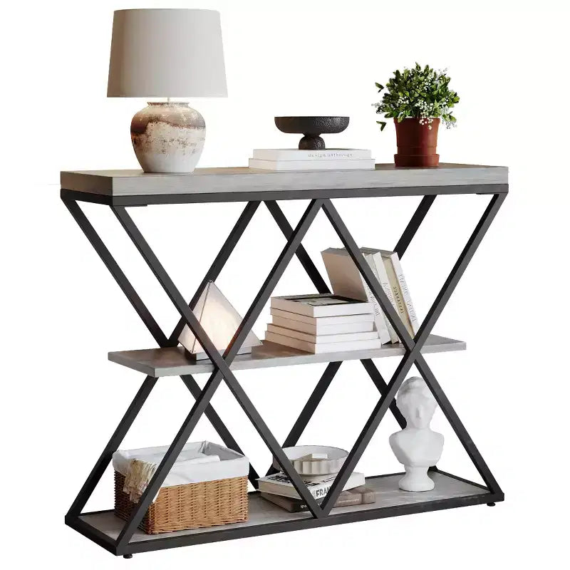 Mesa consola industrial de 3 niveles para sala de estar, estructura robusta en X, estantes de almacenamiento abiertos, mesa moderna para recibidor o sofá, conjunto de muebles decorativos