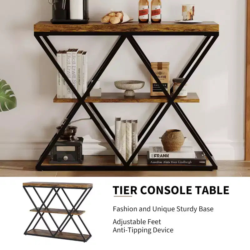 Mesa consola industrial de 3 niveles para sala de estar, estructura robusta en X, estantes de almacenamiento abiertos, mesa moderna para recibidor o sofá, conjunto de muebles decorativos