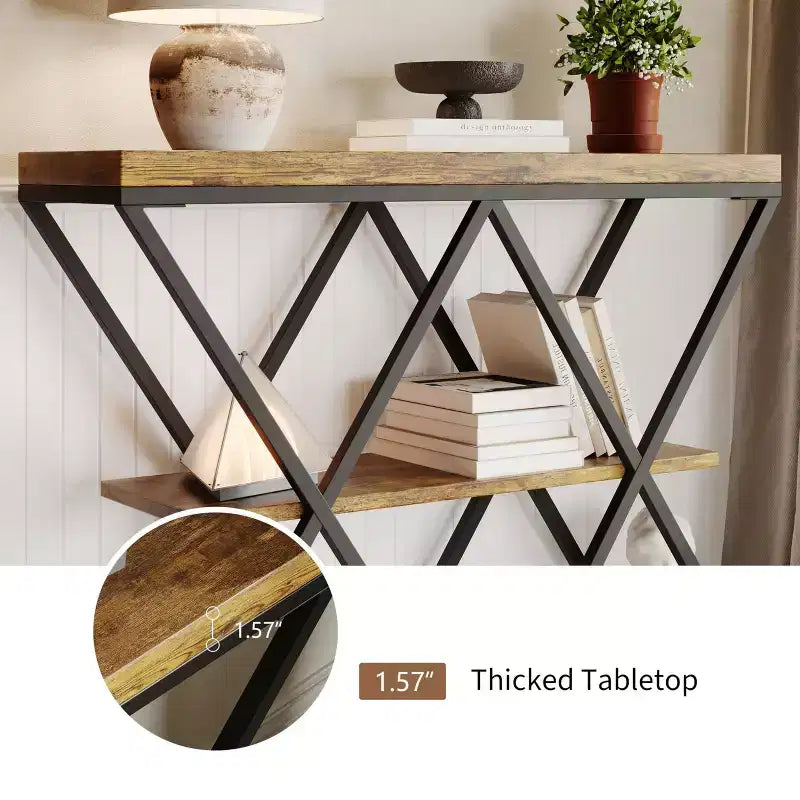 Mesa consola industrial de 3 niveles para sala de estar, estructura robusta en X, estantes de almacenamiento abiertos, mesa moderna para recibidor o sofá, conjunto de muebles decorativos