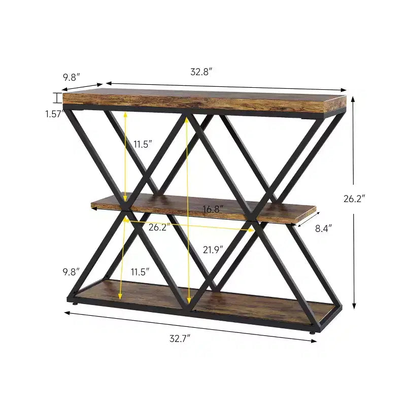 Mesa consola industrial de 3 niveles para sala de estar, estructura robusta en X, estantes de almacenamiento abiertos, mesa moderna para recibidor o sofá, conjunto de muebles decorativos