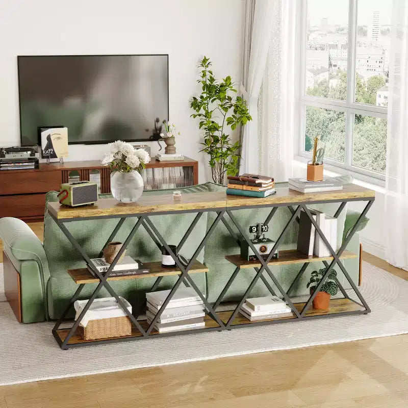 Mesa consola industrial de 3 niveles para sala de estar, estructura robusta en X, estantes de almacenamiento abiertos, mesa moderna para recibidor o sofá, conjunto de muebles decorativos