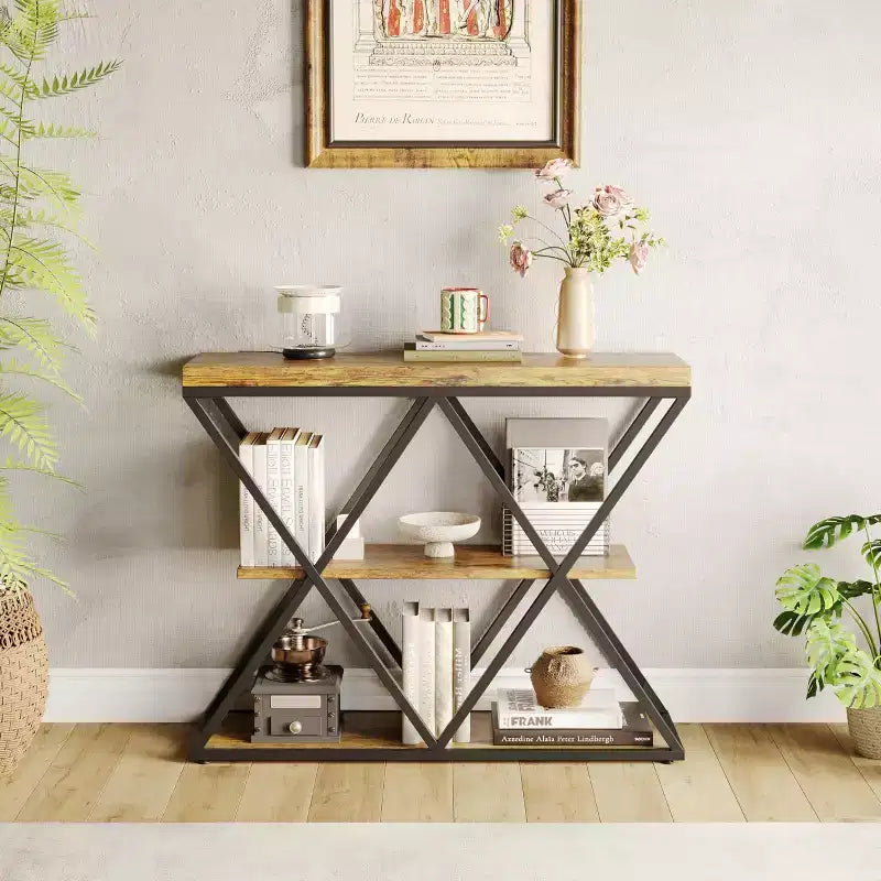 Mesa consola industrial de 3 niveles para sala de estar, estructura robusta en X, estantes de almacenamiento abiertos, mesa moderna para recibidor o sofá, conjunto de muebles decorativos
