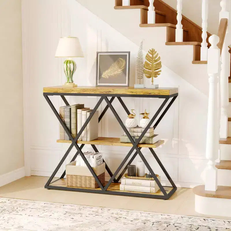 Mesa consola industrial de 3 niveles para sala de estar, estructura robusta en X, estantes de almacenamiento abiertos, mesa moderna para recibidor o sofá, conjunto de muebles decorativos