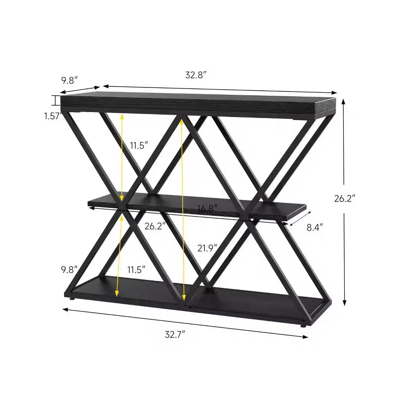 Mesa consola industrial de 3 niveles para sala de estar, estructura robusta en X, estantes de almacenamiento abiertos, mesa moderna para recibidor o sofá, conjunto de muebles decorativos