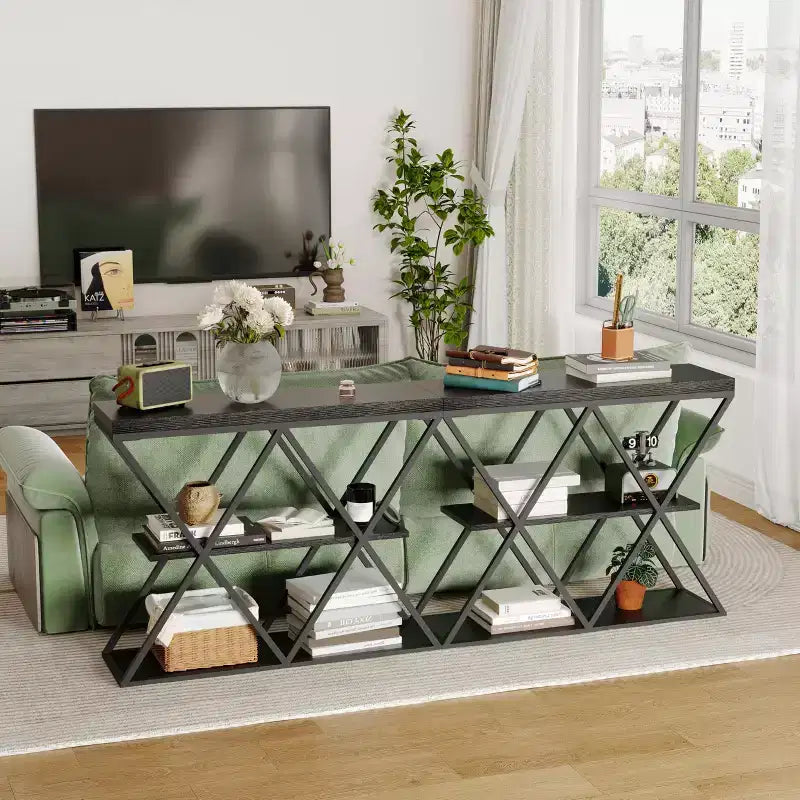 Mesa consola industrial de 3 niveles para sala de estar, estructura robusta en X, estantes de almacenamiento abiertos, mesa moderna para recibidor o sofá, conjunto de muebles decorativos