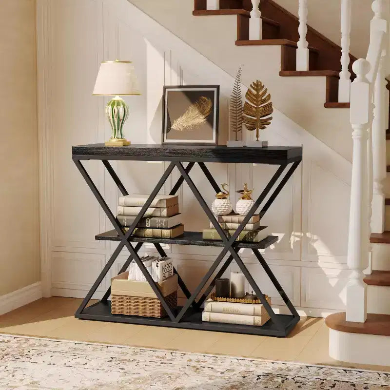 Mesa consola industrial de 3 niveles para sala de estar, estructura robusta en X, estantes de almacenamiento abiertos, mesa moderna para recibidor o sofá, conjunto de muebles decorativos