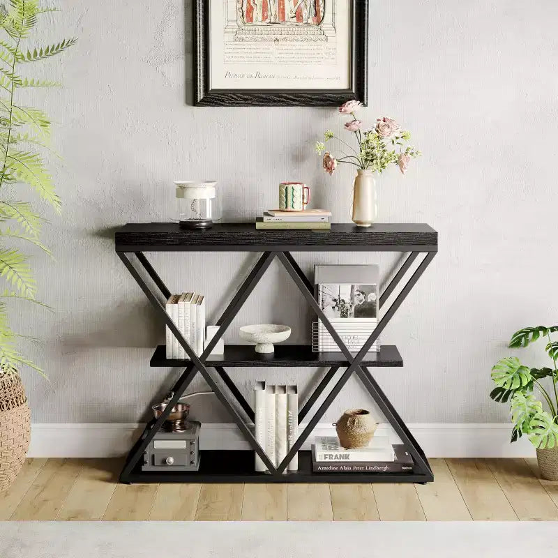 Mesa consola industrial de 3 niveles para sala de estar, estructura robusta en X, estantes de almacenamiento abiertos, mesa moderna para recibidor o sofá, conjunto de muebles decorativos
