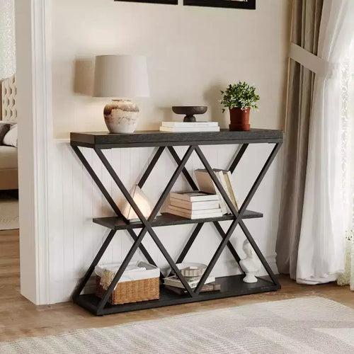 3-Tier Industrial Console Table for Living Room Sturdy X-Frame, Open Storage Shelves, Modern Entryway Sofa Table, Accent Furniture Set