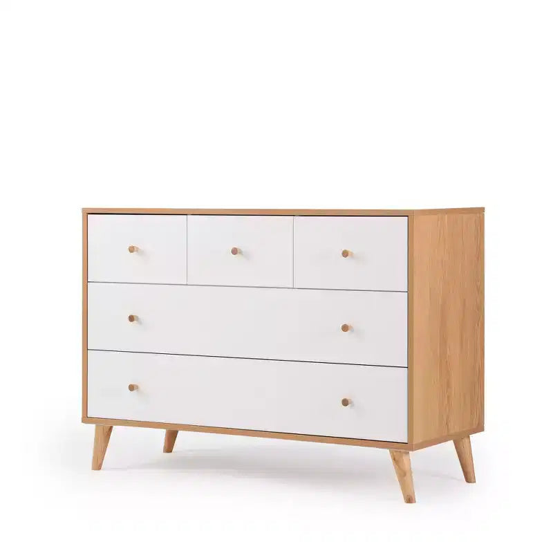 Commode à 5 tiroirs pour chambre de bébé (blanc + chêne rouge)