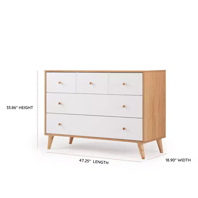 Commode à 5 tiroirs pour chambre de bébé (blanc + chêne rouge)