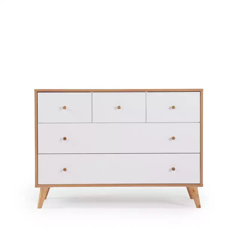 Commode à 5 tiroirs pour chambre de bébé (blanc + chêne rouge)